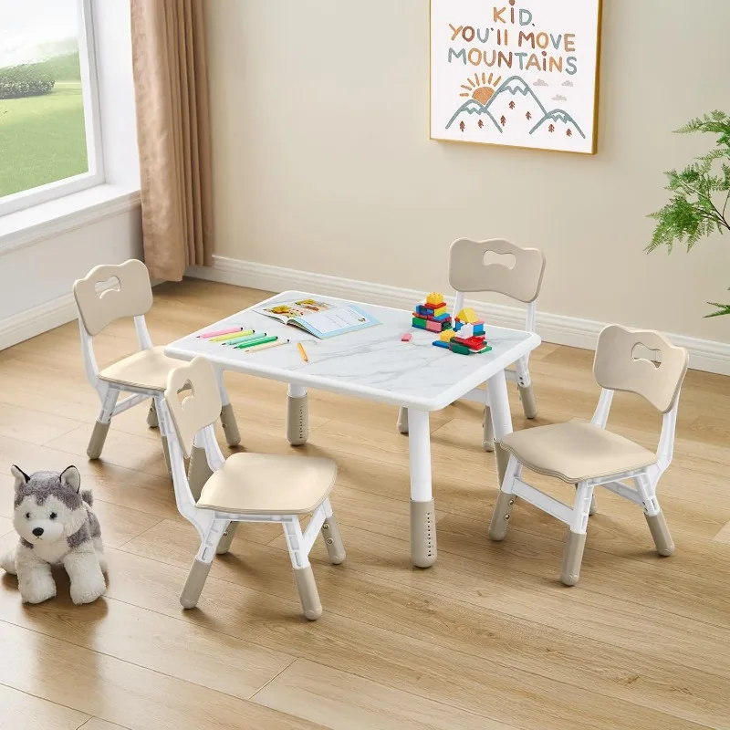 Toddler Table and 4 Chairs Set, Height Adjustable Kids Table and Chair Set, 31.5''L x 23.6''W, Marble Pattern