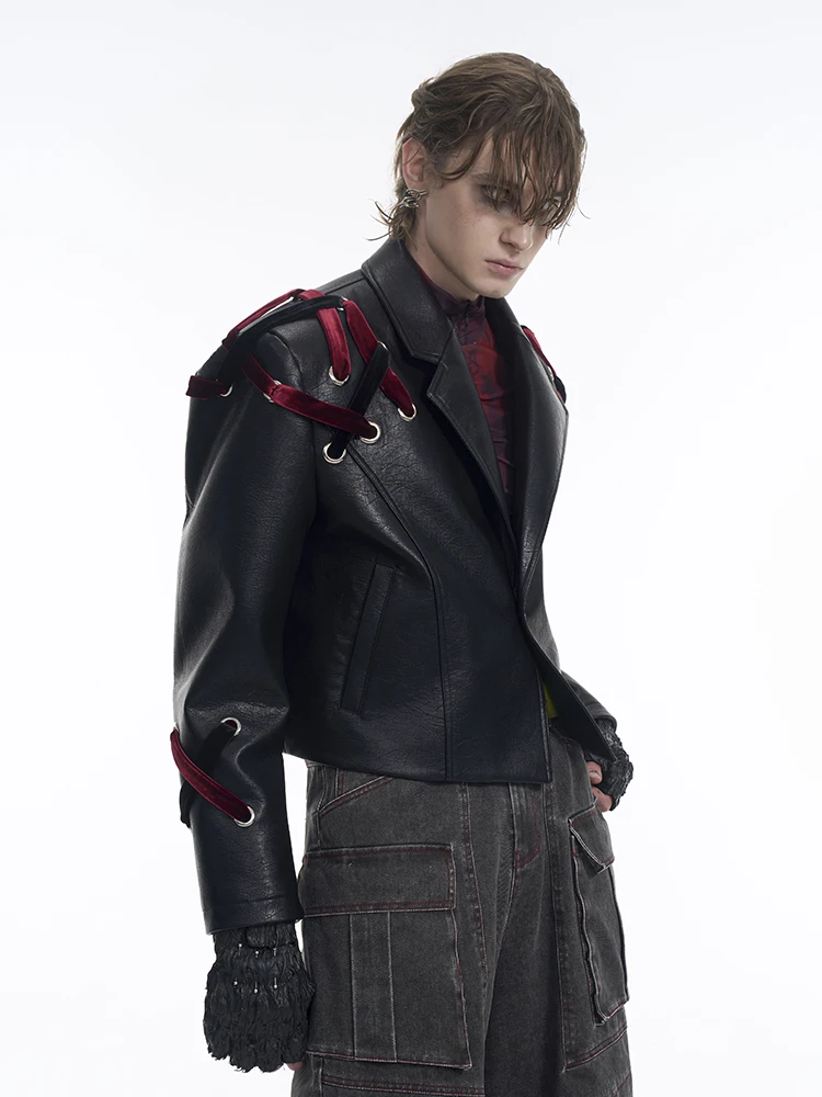 Men's Short Faux Leather Cross Woven Strap Jackets Men's 2025 Spring New Suit Collar Chic Top Shoulder Padded Motorcycle Clothes