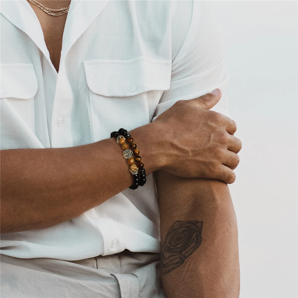 Silver Color Lion Head Bracelets For Men Black Onyx Tiger Eye Stone Beads Bangles Crown Charm Bracelet Fashion Jewelry Plusera image 6