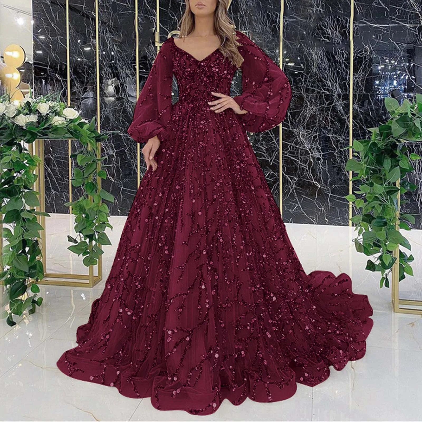 Robe de cocktail élégante pour femme, robe de soirée en maille à paillettes, manches longues lanterne, col en V, longueur au sol, robes de luxe, 2024