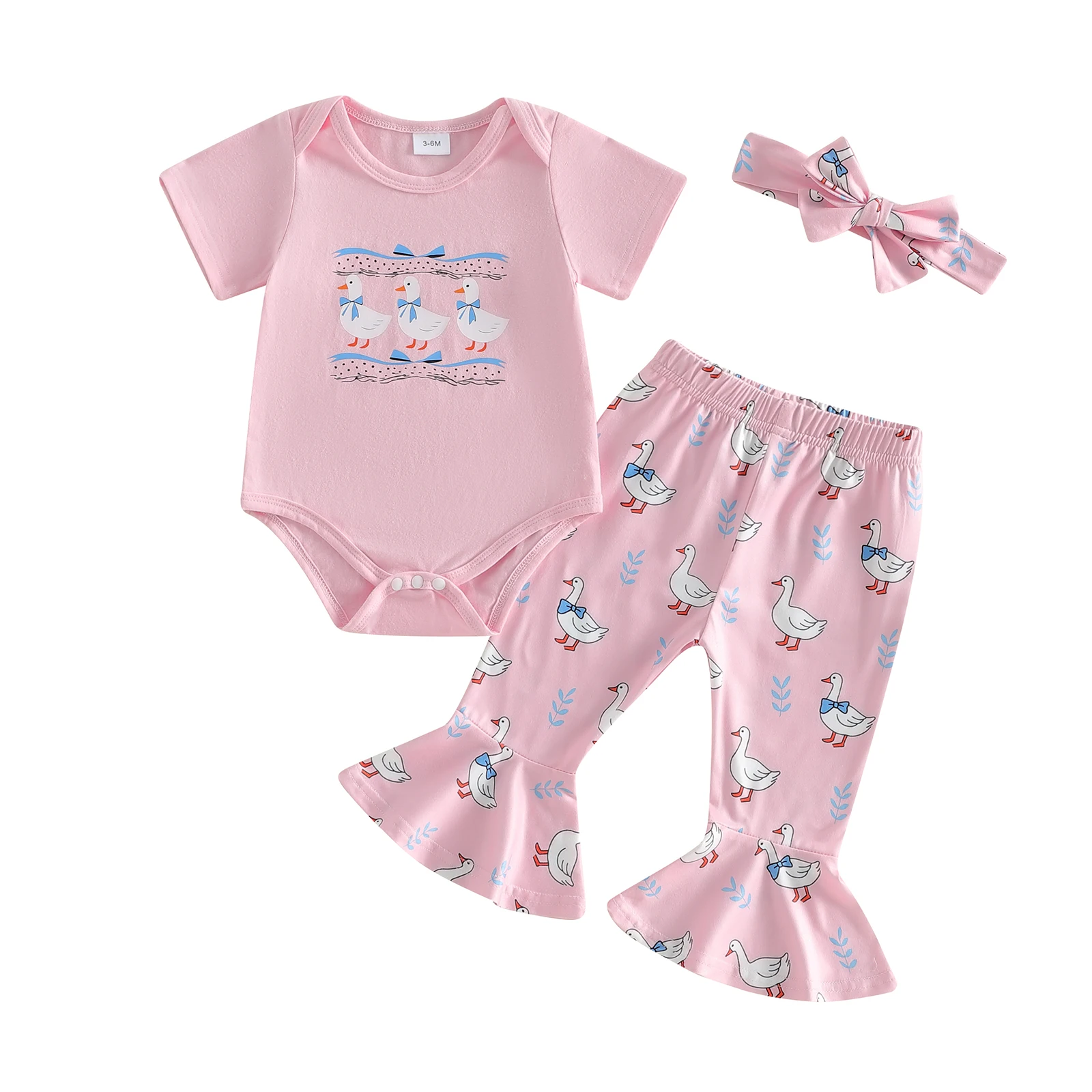 

Baby Girls Summer Outfit Duck Print Short Sleeve Romper with Flare Pants and Headband