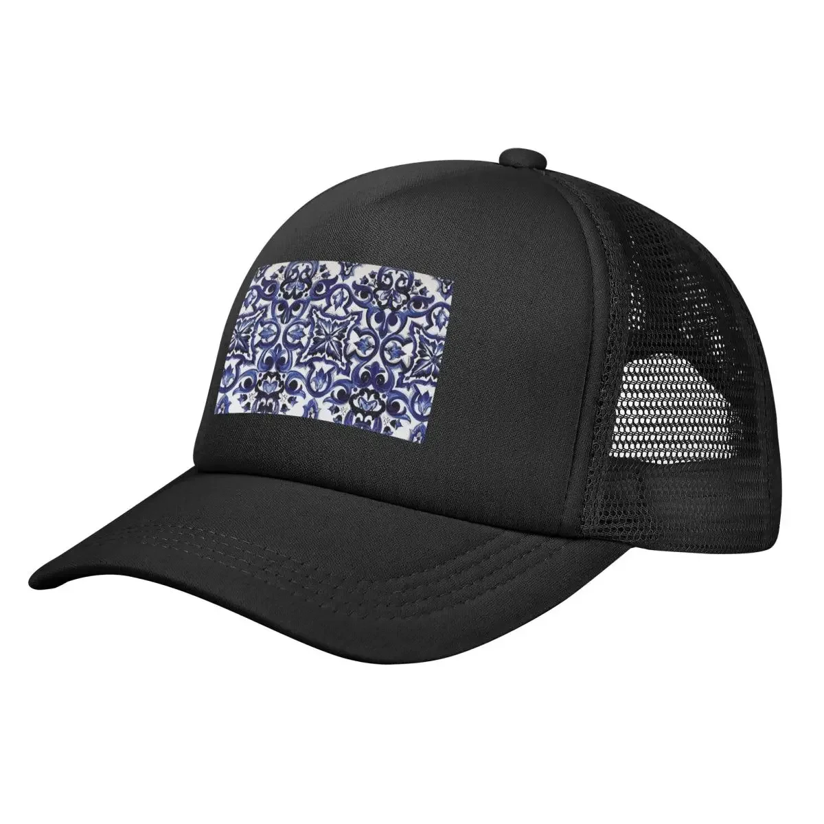 Blue Ornate Floral Mediterranean Sicilian Tile Mesh Baseball Caps Snapback Fashion Baseball Hats Breathable Casual Casquette