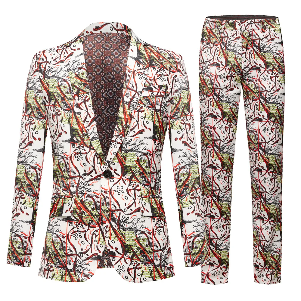 Fashion Men‘s Casual Red Ribbon Printing Suit / Male Slim White Stage Party Singer Host 2 Pcs Blazers Sets Jacket Pants