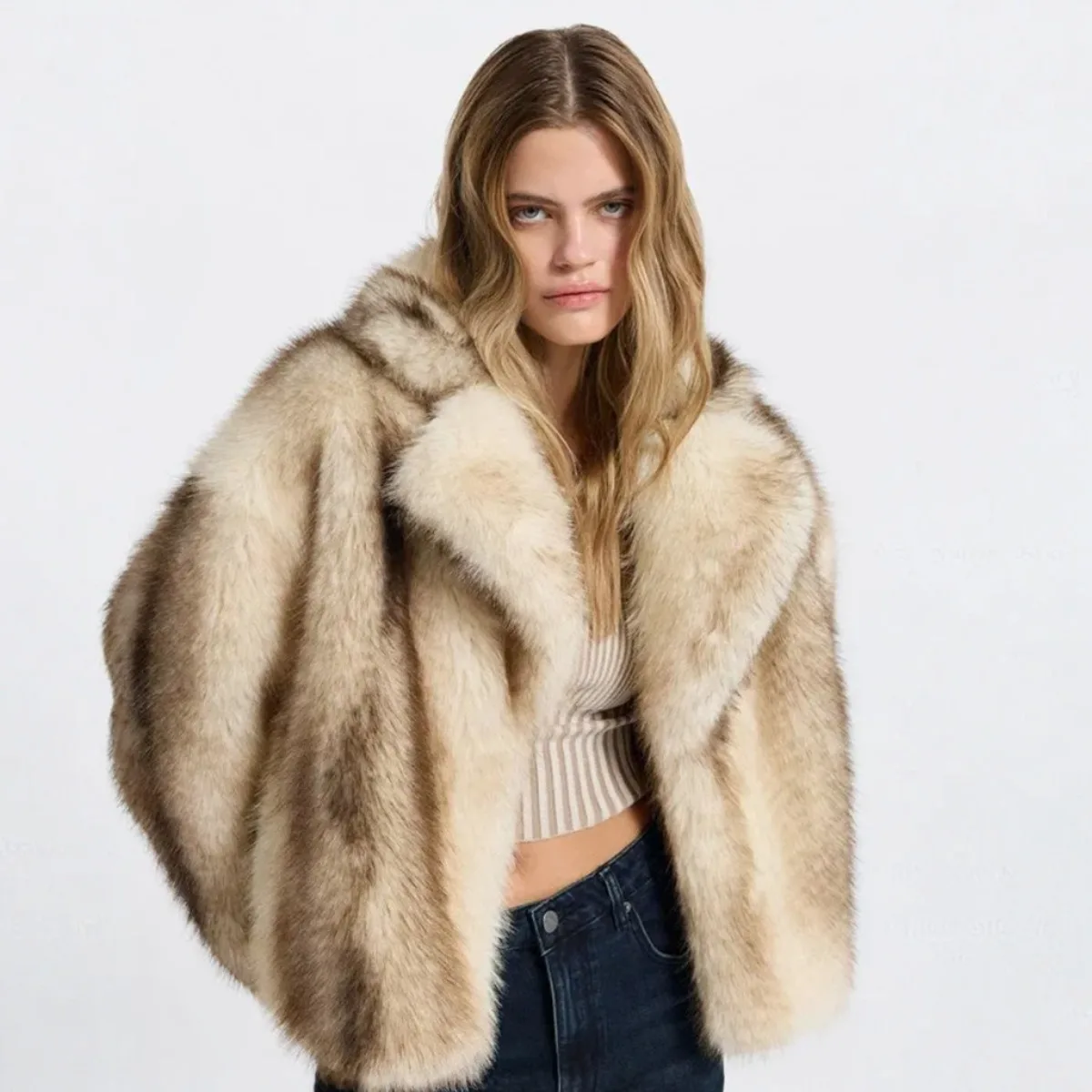 BJTZ سترة نسائية جديدة فاخرة مخططة من الفرو الصناعي لشتاء 2025 معطف سميك دافئ من القطيفة أنيق وبسيط غير رسمي مريح ممتاز #2