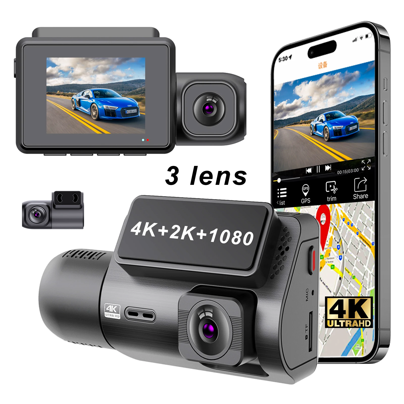 

4k Dashcam With Wifi Gps Car Dvr 3 Camera Mini 4k Dash Cam 3 Lens Front And Rear Inside 3 Channel Dash Cam