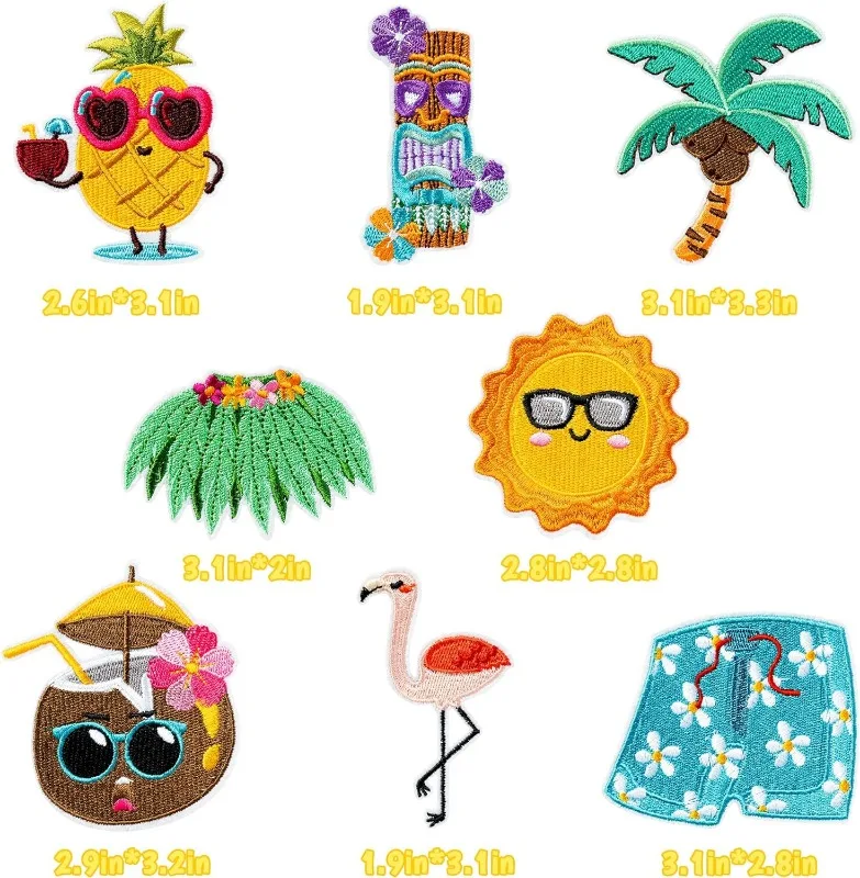 8 Pcs Hawaiian Embroidered Patches Applique Luau Tiki Flamingo Pineapple Iron on Repair Patch Gifts for Clothing Backpack Hat