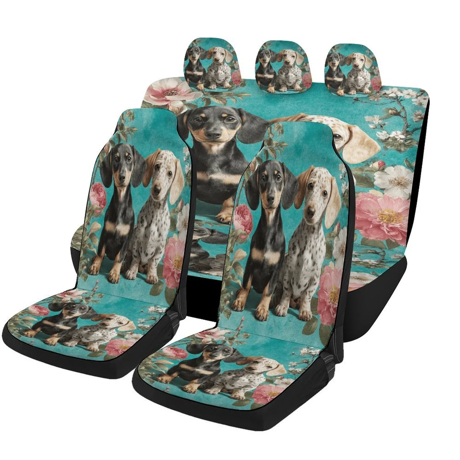 Puppy Flowers Portrait Designed Car Seat Cover Set For Most Cars, High-quality Comfortable Car Seat Protector Covers Full Set,
