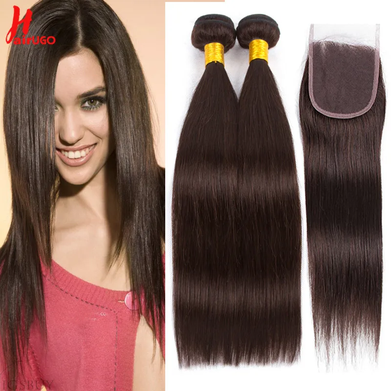 Brown Straight 4*4 Lace Closure With Bundles Brazilian Color 4# 2/3 Human Hair Bundles With Closure HairUGo Color 2 Hair Weaving