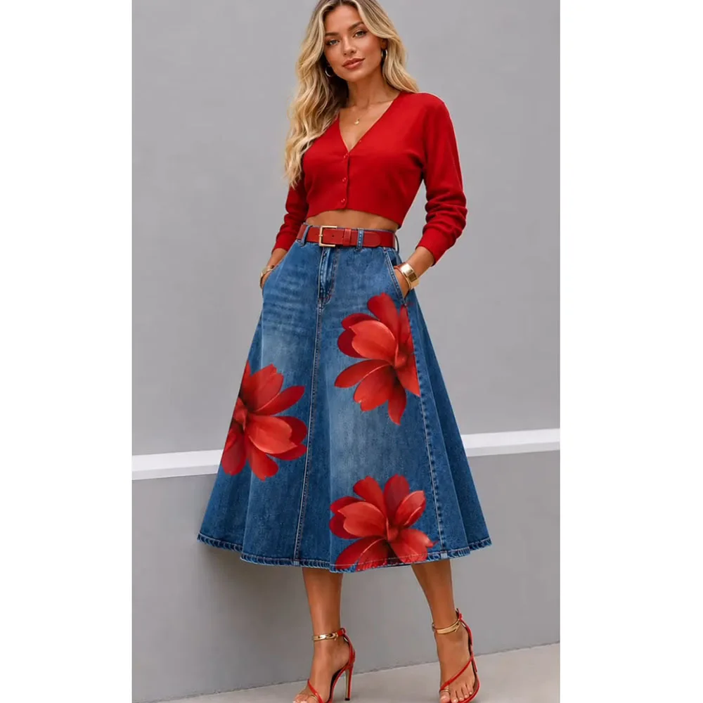 Women's Denim Floral Printed Skirt A-line High Waist Casual Eelgant Vitnage Skirt with Pockets Washing Denim Skirts fo Women