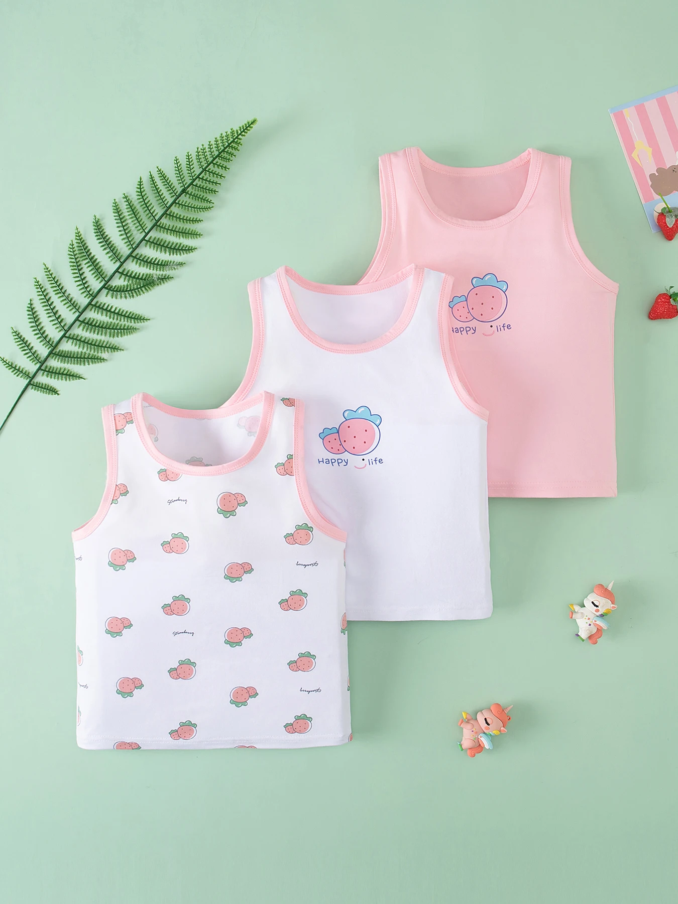 3-teiliges süßes und niedliches Vier-Jahreszeiten-Weste-Set für Mädchen, bequemes ärmelloses T-Shirt mit Rundhalsausschnitt, lässiges, vielseitiges Cartoon-Oberteil für Kinder – Detail 5