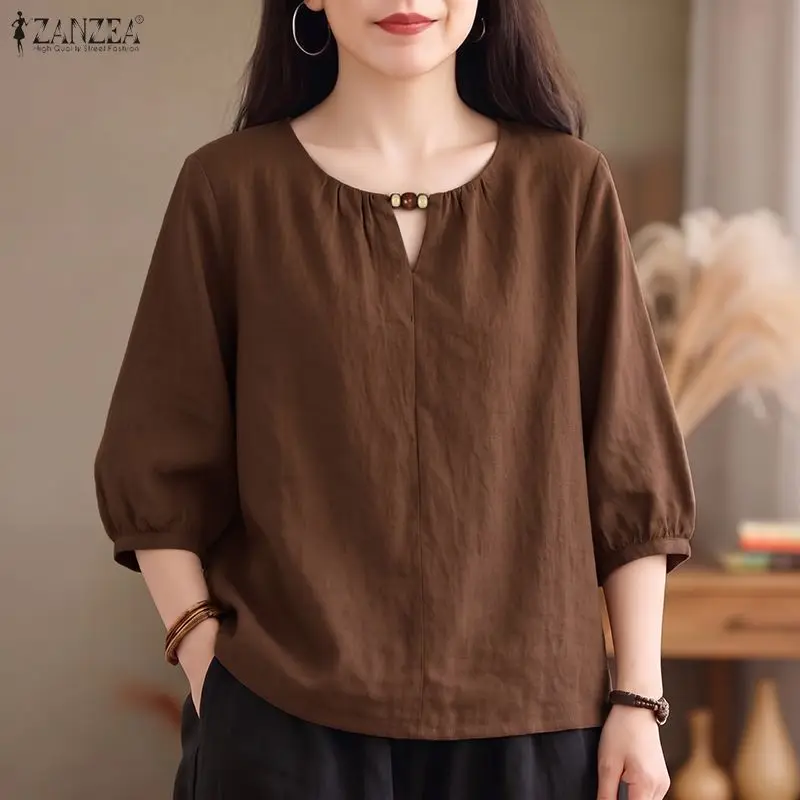 ZANZEA Women Blouse Cotton 3/4 Sleeve Tunic Top Solid Color V-Neck Blusas Casual Tee Autumn Summer Streetwear Oversize