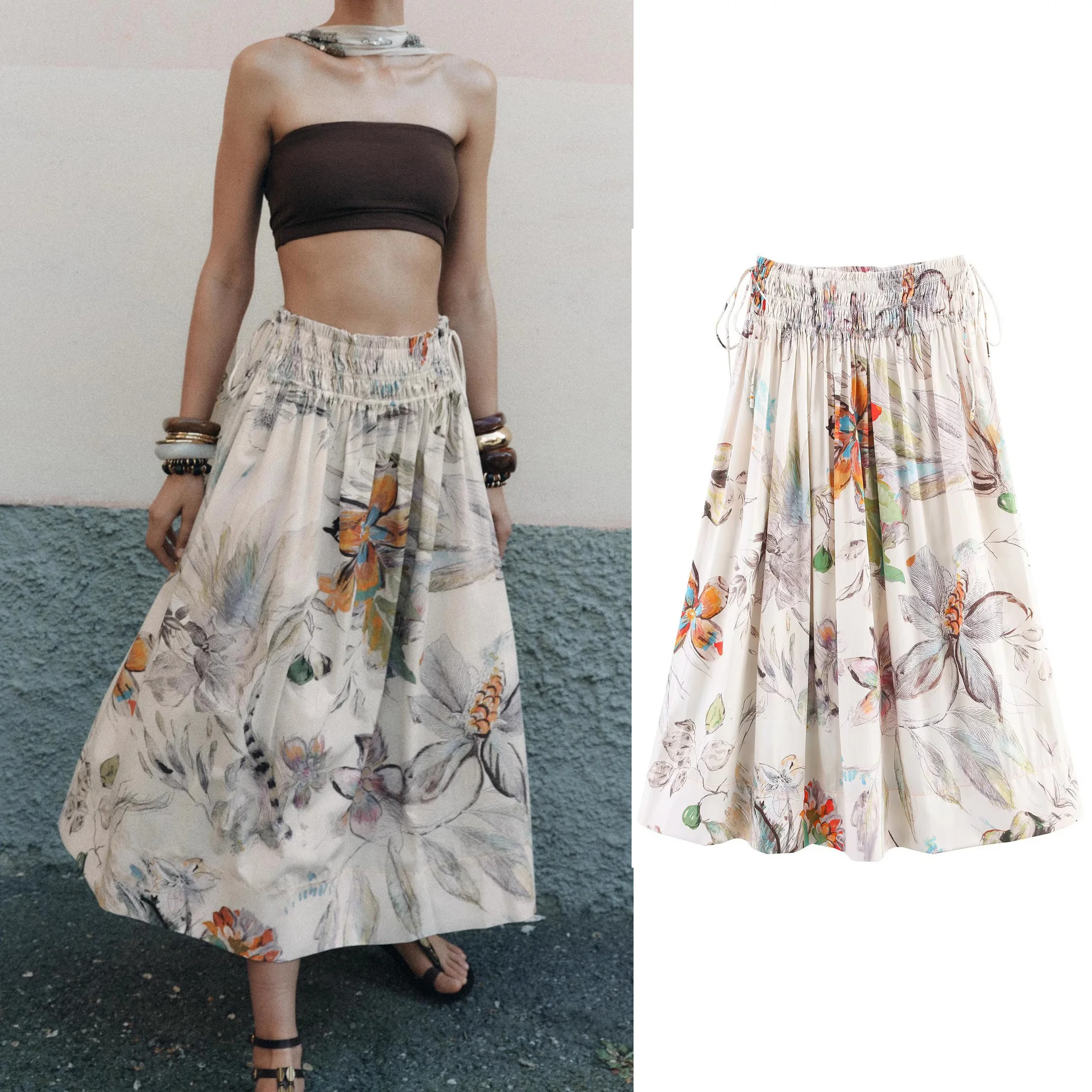 

MSNOLOA Summer Women Vintage Printed Midi Skirt Woman New Fashion Elegant Lace Up Long Skirts For Women 2025 Party Skirts