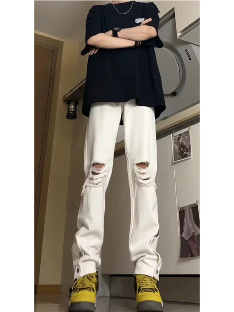 

White Ripped Loose Fit Men's Jeans Buttoned Slit Design Summer Straight Leg High Street Sle Faded Wa mid Waist Zipper Clo...