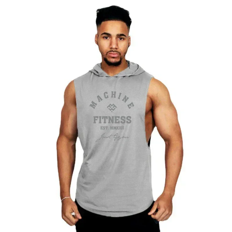 MACHINE FITNESS Mens Gym Hooded Tank Top Cotton Bodybuilding Clothing Summer Muscle Fit Sleeveless Hoodies Shirt Sports Singlets