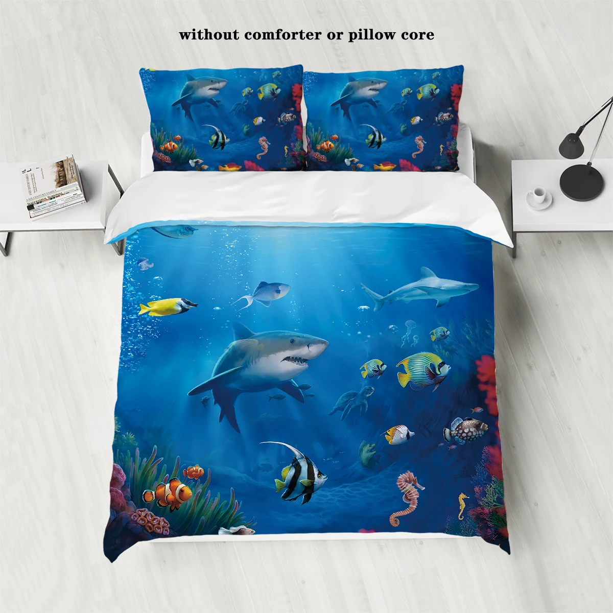 3 piece down set with blue marine shark pattern (1 down duvet cover+2 pillowcases, no core) Bedroom bedding