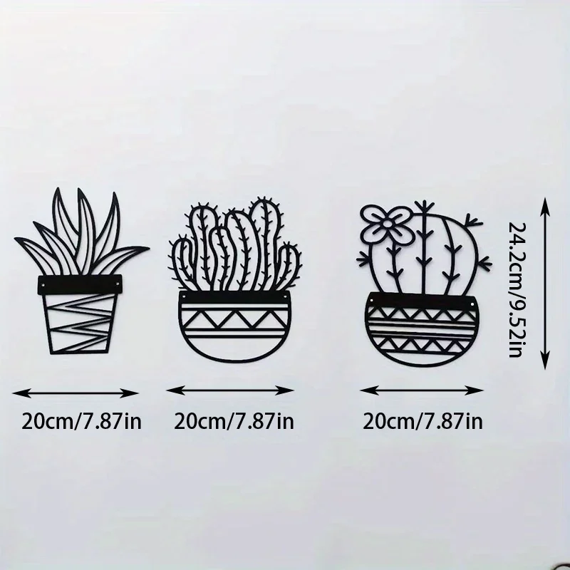 3Pcs Art Natural Themed Metal Wall Decors, Cactus Metal Wall, Plant Modern Metal Wall Art Black Metal Modern Wall Decor