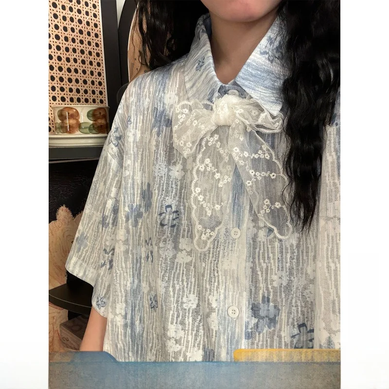 

UATONLINE2026 Летняя женская рубашка с коротким рукавом в стиле Lazy Style, с принтом и текстурой, модная, универсальная, свободного кроя, в стиле ретро, размер S