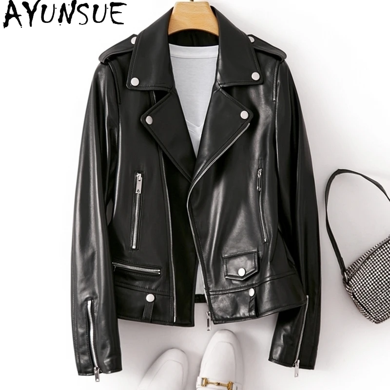 

AYUNSUE Sheepskin Genuine Leather Jacket Motorcycle Women's Leather Jacket Spring Coats Women Black Short Jackets Chaquetas