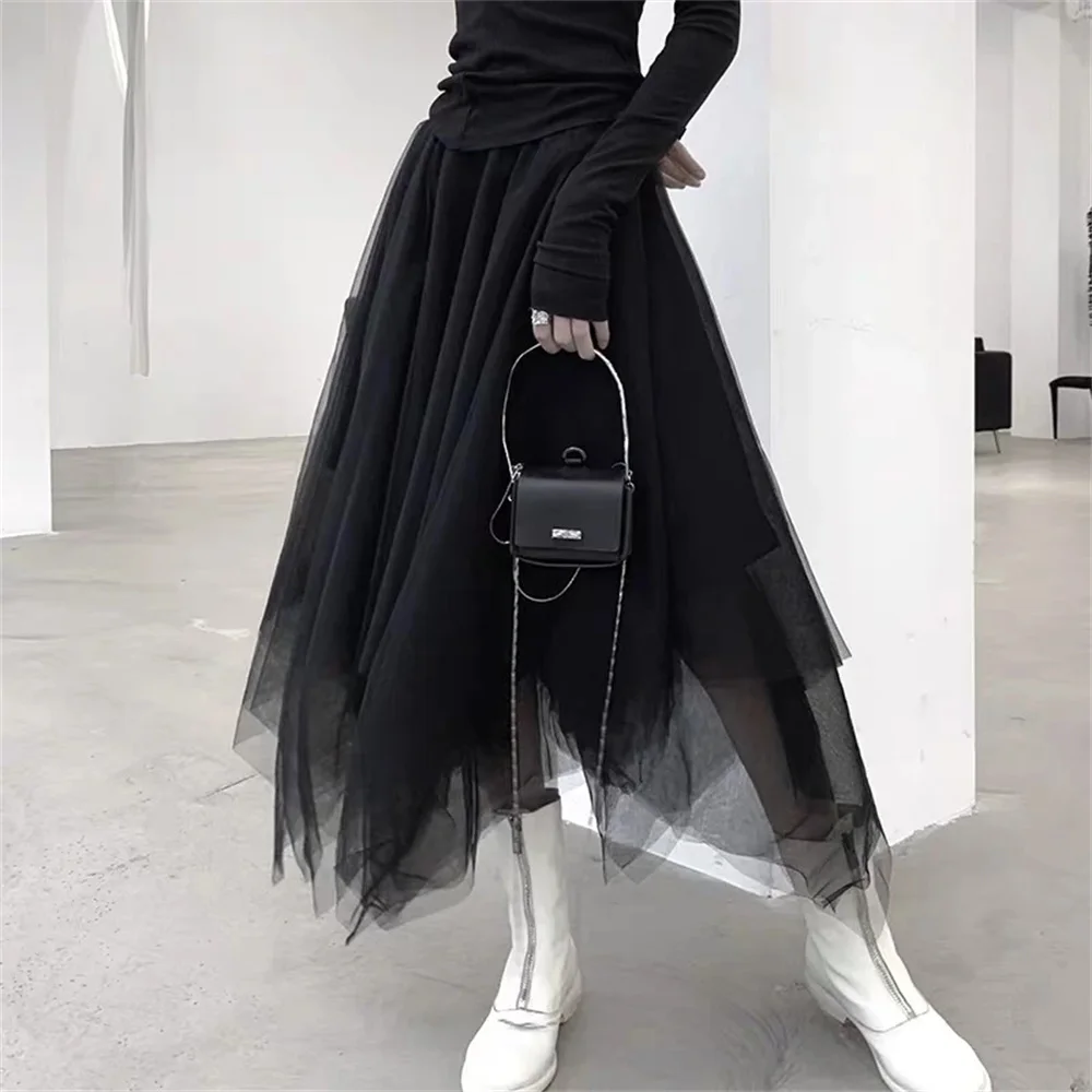 Vintage Punk Gothic Gray Tulle Long Irregular Pleated Skirts Women Elastic High Waist A-Line Mesh Midi Skirts Streetwear