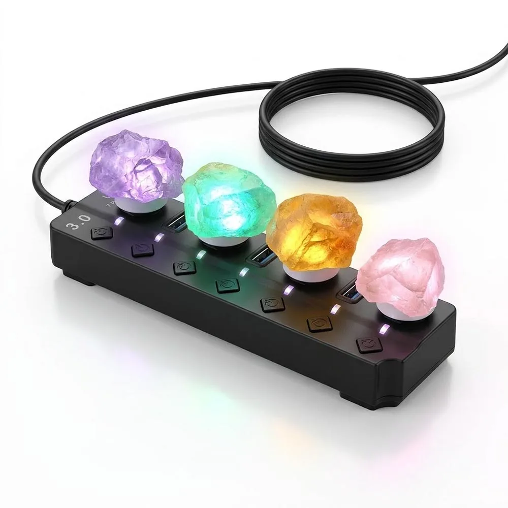 Natural Raw Crystal USB Night Light Rose Quartz Amethyst Yellow Fluorite Rough Stone LED Lamp Home Room Decor Atmosphere Light