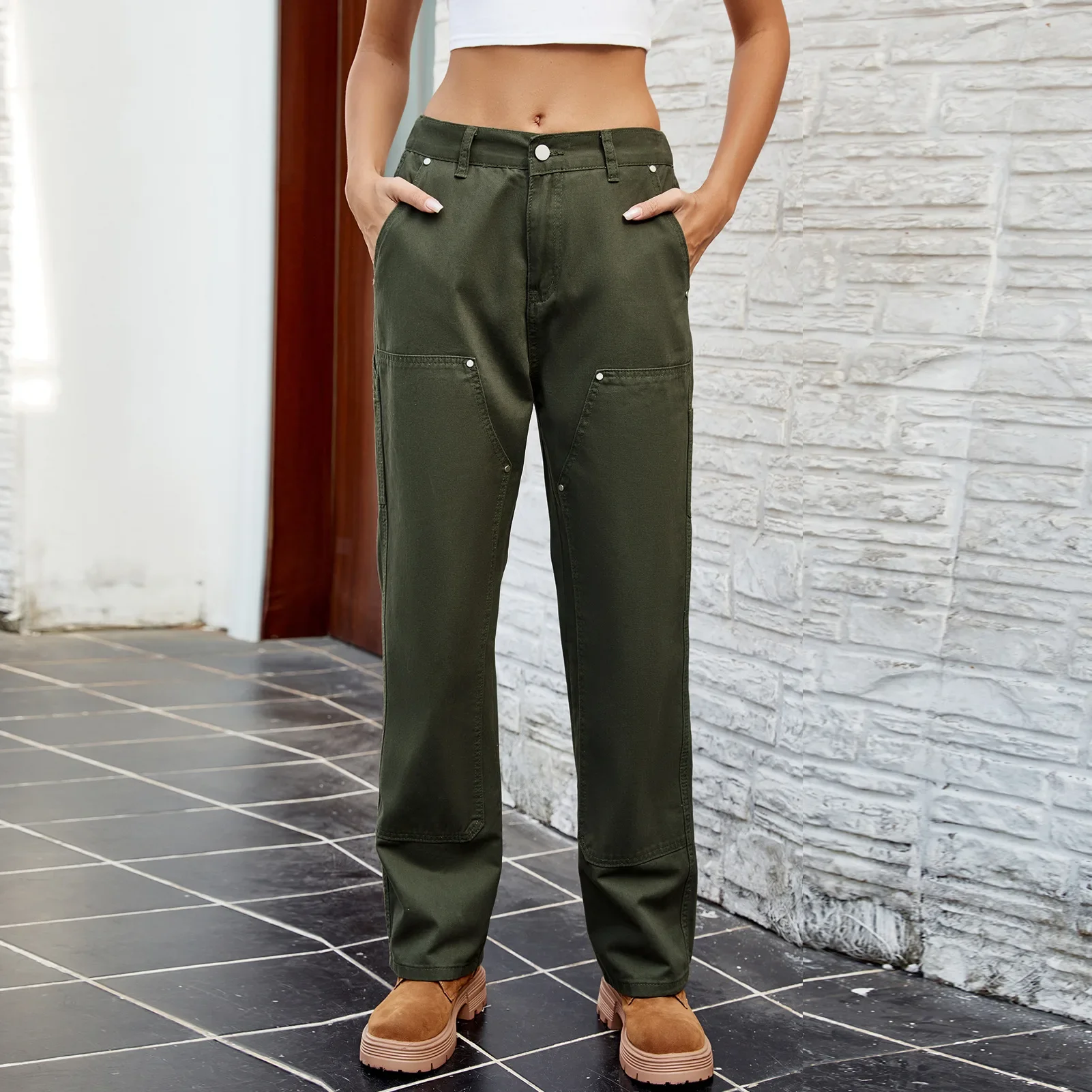 Solid Color Elastic Waist Loose Cargo Jeans, New Fashion Water Washing Stitching Long Jeans, Women's Spring/autumn Casual Pants