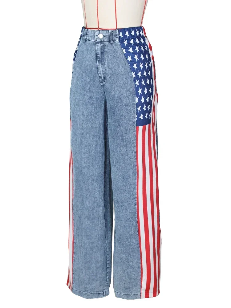 Laxsesu Amerikaanse vlag print dames baggy jeans streetwear y2k lange rechte broek hoog getailleerde elastische wijde pijpen denim broek