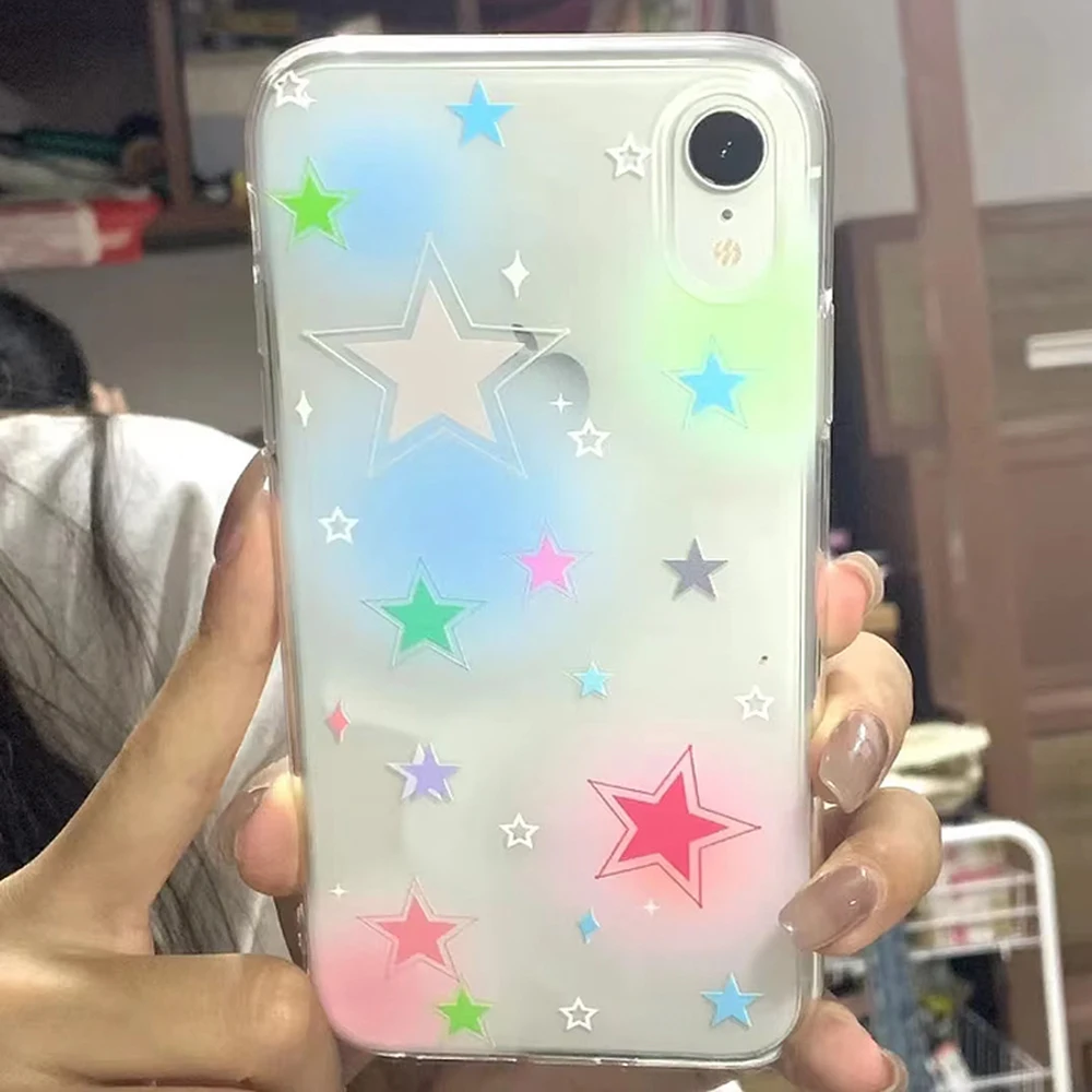 Clmj Colorful Gradient Color Star Phone Case For iPhone 16 15 14 13 12 11 Mini Pro Max X XR XSMax 7 8 Plus Y2K Korean Cute Soft