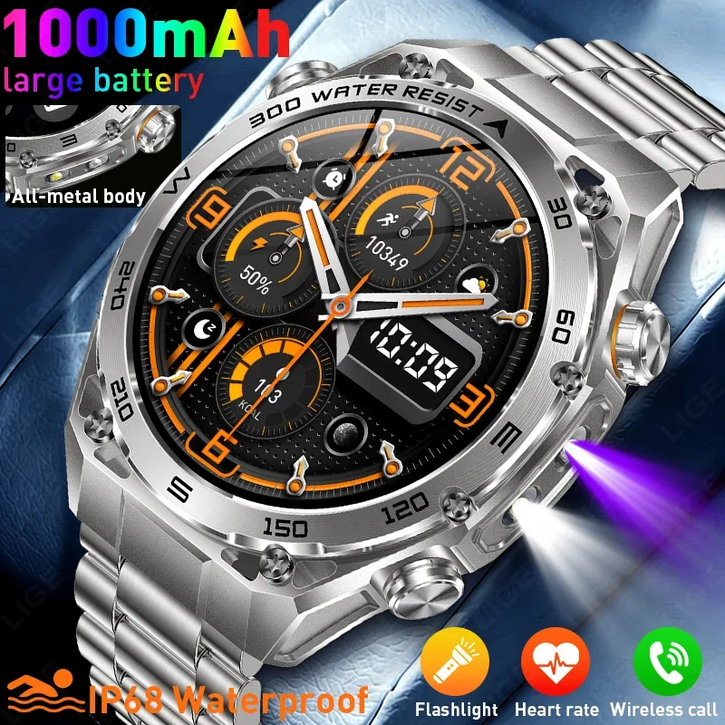 

2026 Military 1000mAh Battery New Smart Watch Men 1.53" HD Outdoor LED Flashlight Waterproof Bluetooth Call Sport Smart Bracelet