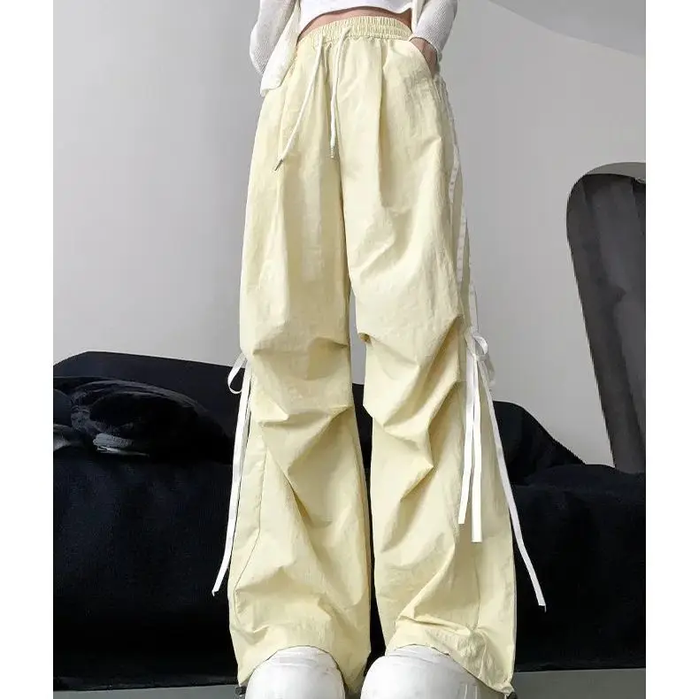 Milk yellow bow work pants women\'s summer 2024 new Korean high waisted slimming quick drying parachute wide leg pants