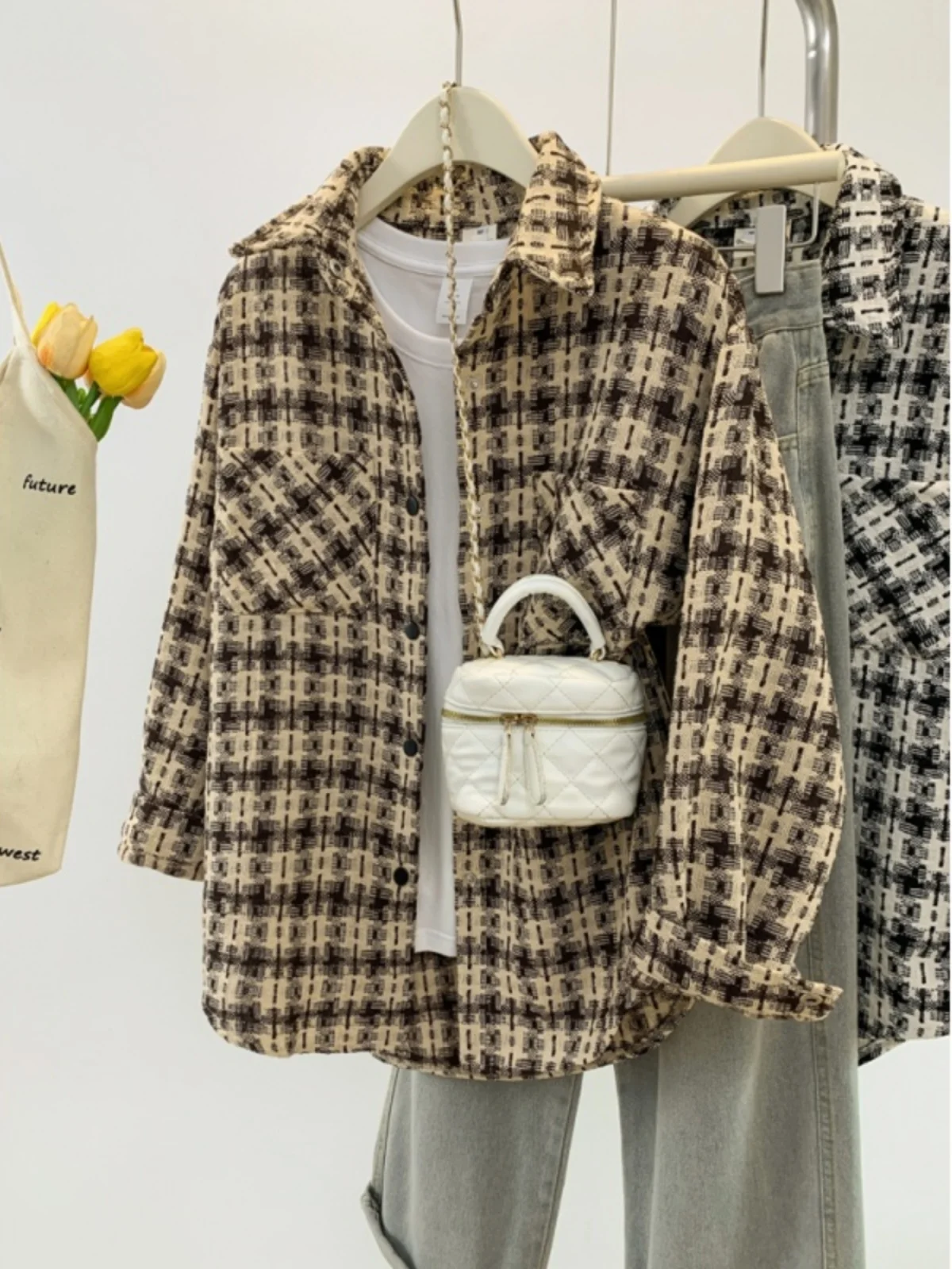 

Sle Plaid irt Jaet Women's Casual Large id Patterned Outerwear Spring Autumn New Korean Version Loose Fit