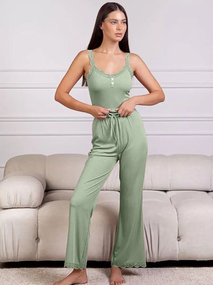 

Lace Sqaure Collar Tank Top + Long Trouser 2 Piece Set Women Outfits Causal Solid Color Home Suit Pajamas Slim Summer Pant Sets