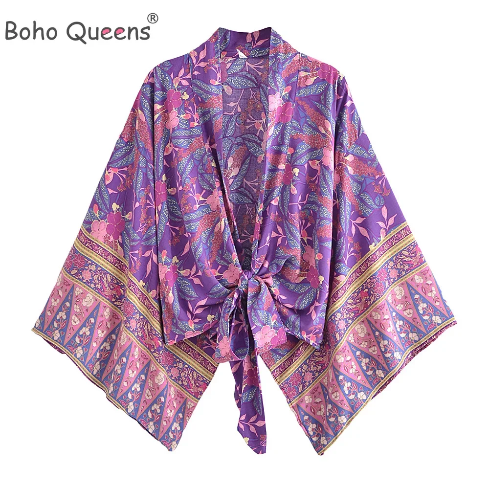 Boho Queens Purple Floral Short Robe Kimono Swimsuits Women Fashion Batwing Sleeves Rayon Bohemian Bikini Cover Ups Beachwear