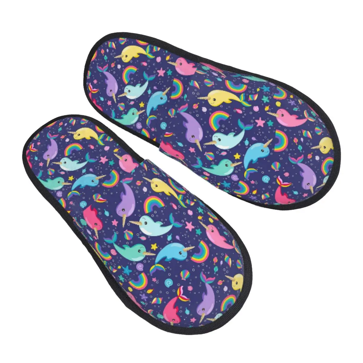 Custom Rainbow Narwhals Under The Sea Blue Slippers Memory Foam Warm Soft Women House Slipper Indoor Fluffy Shoes