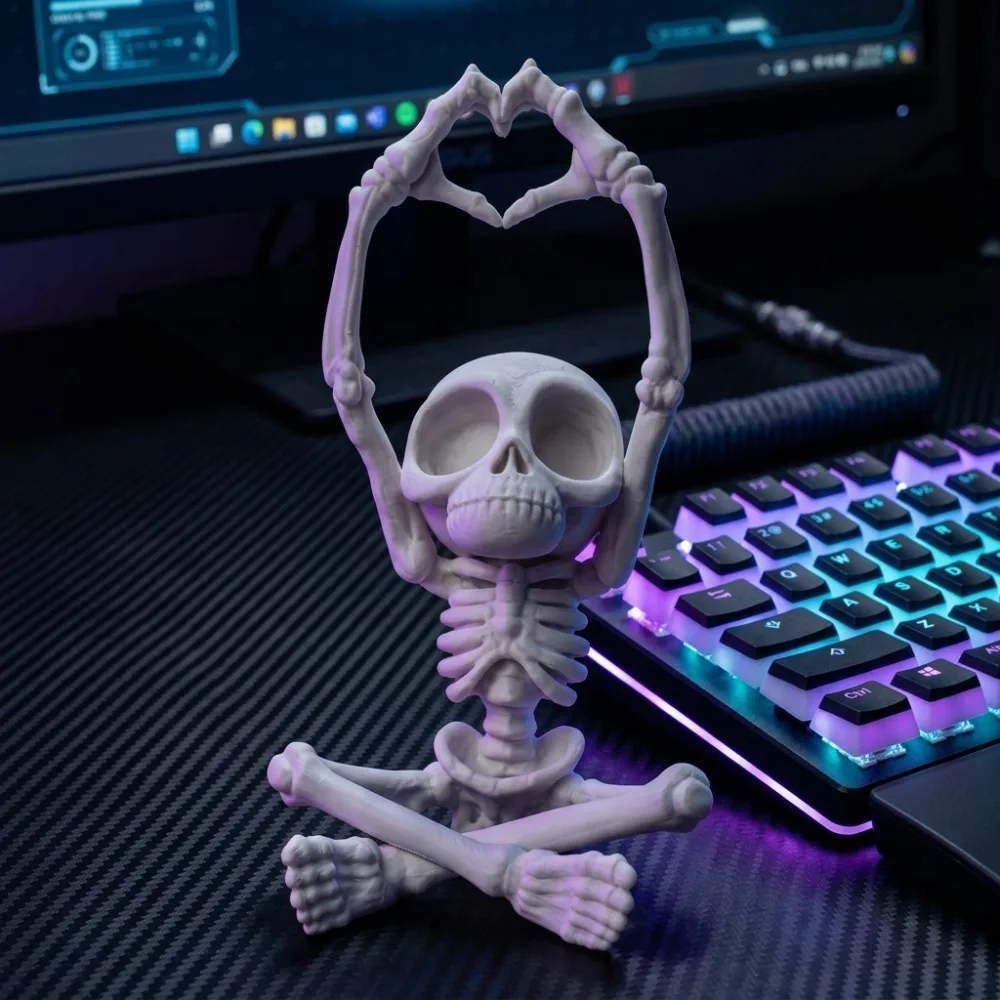 3D Printed Heart Hands Skeleton Figurine, Cute Gothic Skull Statue, Funny Desk Decor for Living Room, Office, Bedroom &Halloween