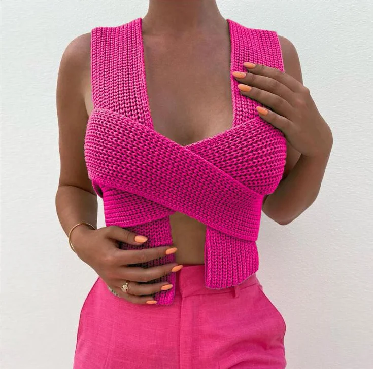 2024 Spring Summer Bow Cross Strap Knitted Sweater Vest Women Sexy Crop Top DIY Tie Clothing Sleevless Jumpe Girl Sexy Rose Red