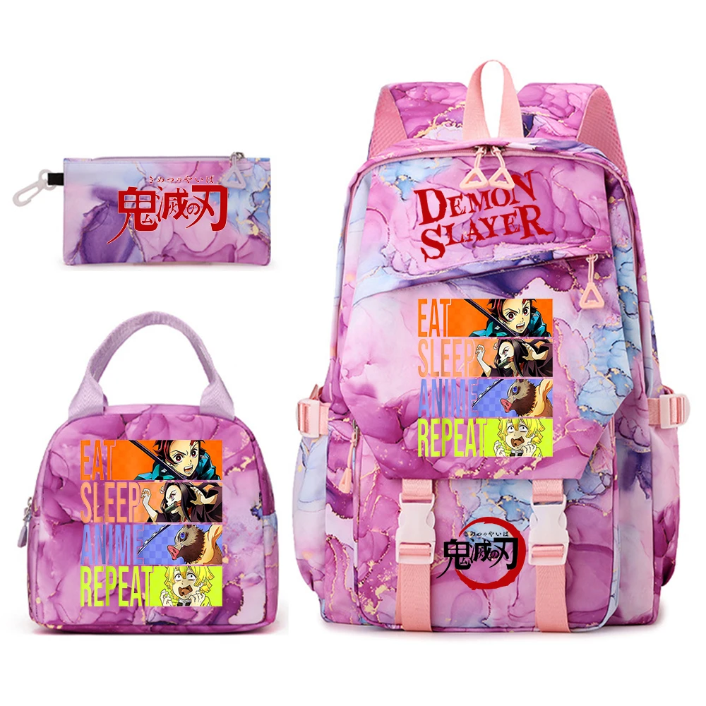 デーモンスレイヤー-プリント-カジュアル-スクールバックパック-女の子用-3点セット-ショルダーバッグ-ランチバッグ-ペンシルポーチ