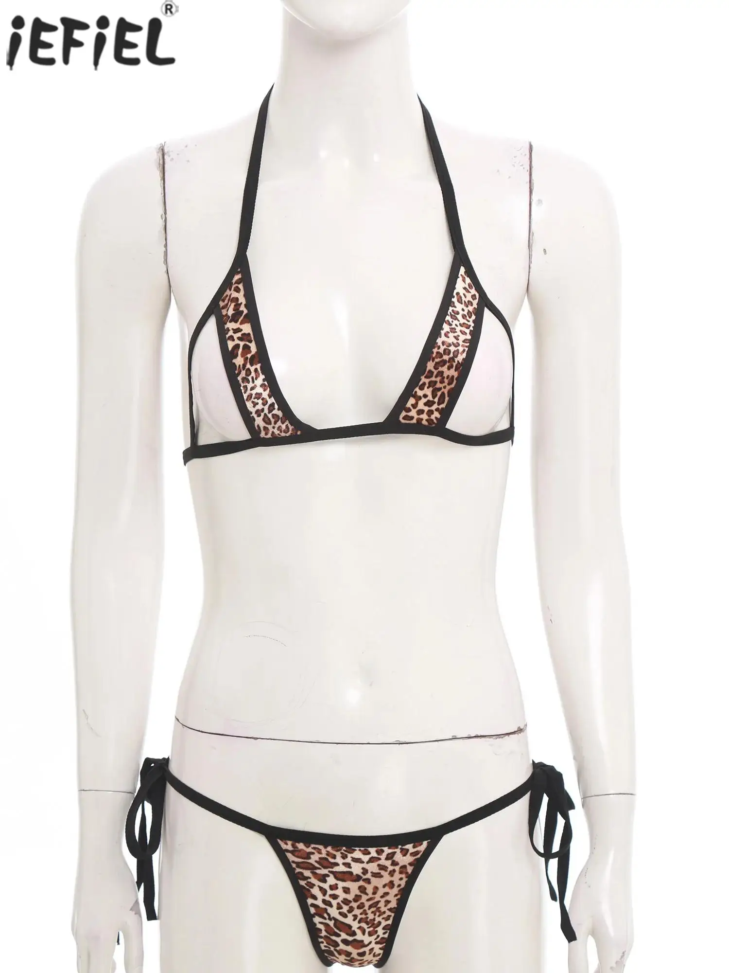 

Women's Lingerie Tempting Bra Briefs Set Leopard Print Nipple Exposed Bra Top And T-back Thong for Couple's Erotic Nightwear