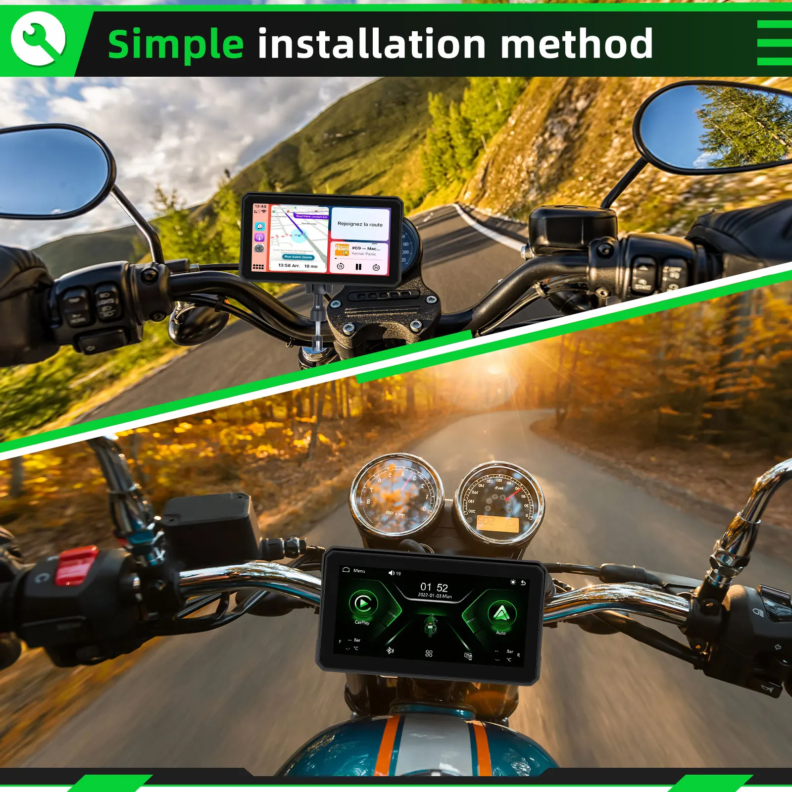 Podofo 6'' Smart Screen Player Wireless Carplay Android Auto Motorcycle Monitor Auto Brightness Adjust Waterproof IP68 Bluetooth