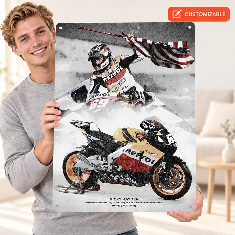 Nicky Hayden MotoGP Printed Poster Customized Aluminum Metal Sign Watercolor Collage Wall Art For Man Cave Motorcycle Fan Gift