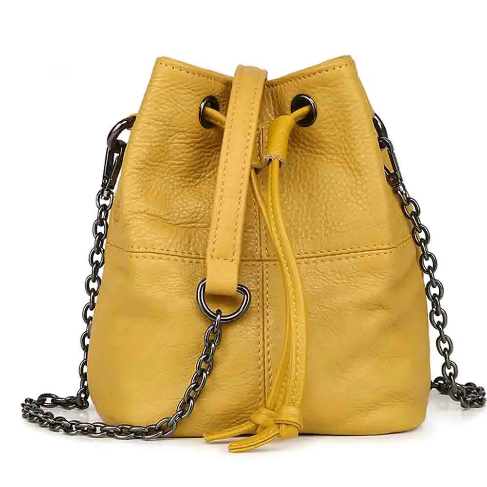 MS Cowhide Bag Luxury Handbags Women Chains Shoulder Bucket Bag Soft Natural Leather Bag Female Mini Bucket Yellow New In 2023