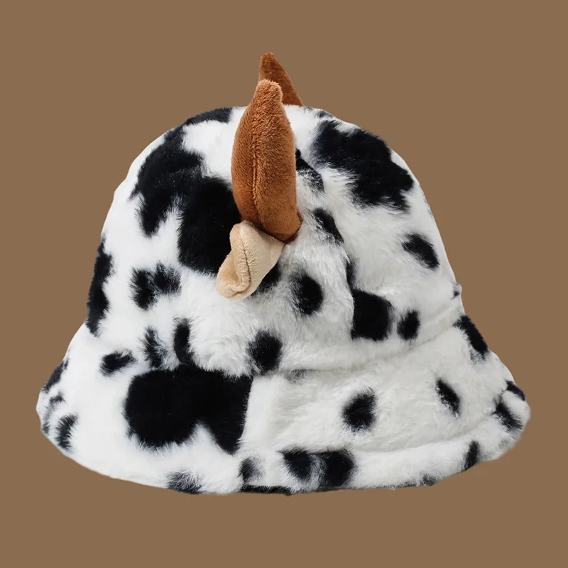 Funny Cow Horn Plush Bucket Hat Cow‑Spot Print Unisex Fluffy Warm Fisherman Cap Hip‑Hop Hat For Winter Daily Street Accessory