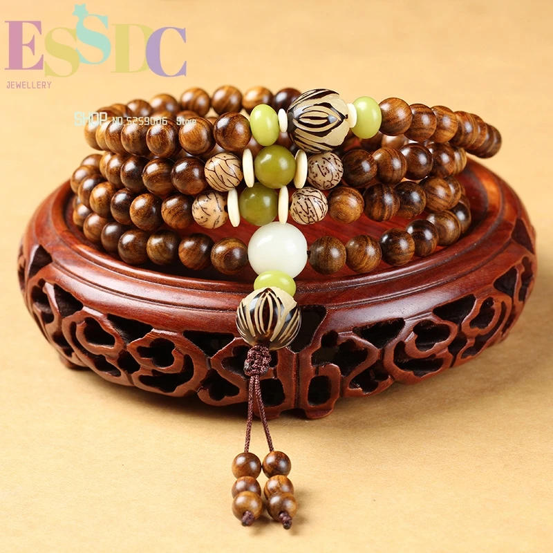 New Design Tibetan Buddhist 108 Mala Hainan Rosewood Bracelet Original White Bodhi Root Lotus Flower Pendant Women Hand String