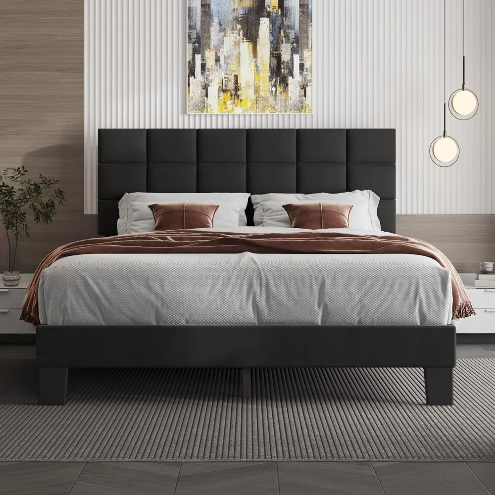 

Queen Bed Frame with Headboard Linen Upholstered Bed Frame with Wood Slats Support,No Boxing Needed