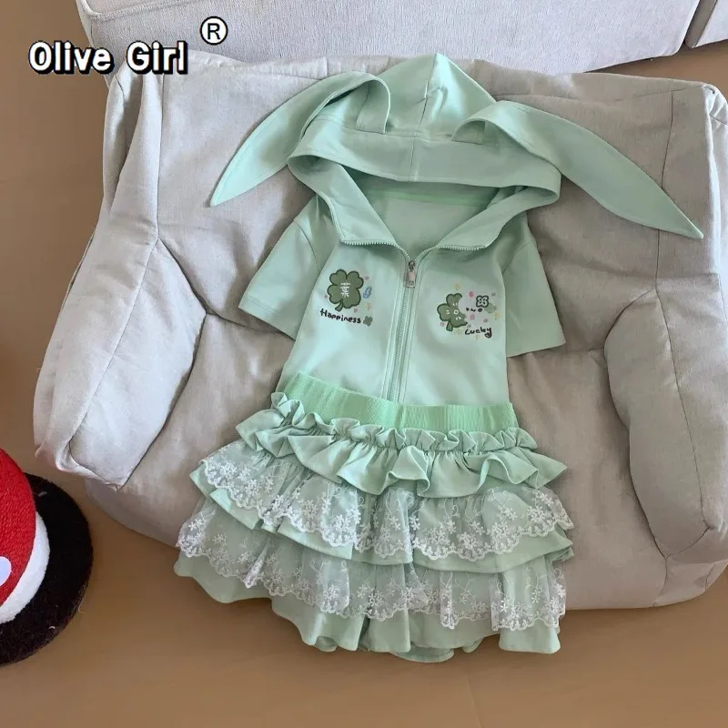 

Olivegirl Rabbit Ear Hoodies Sweatshirts Y2k Japanese Cotton Hooded Cute Short Sleeve Women's Clothing Summer Top T-shirt Coat