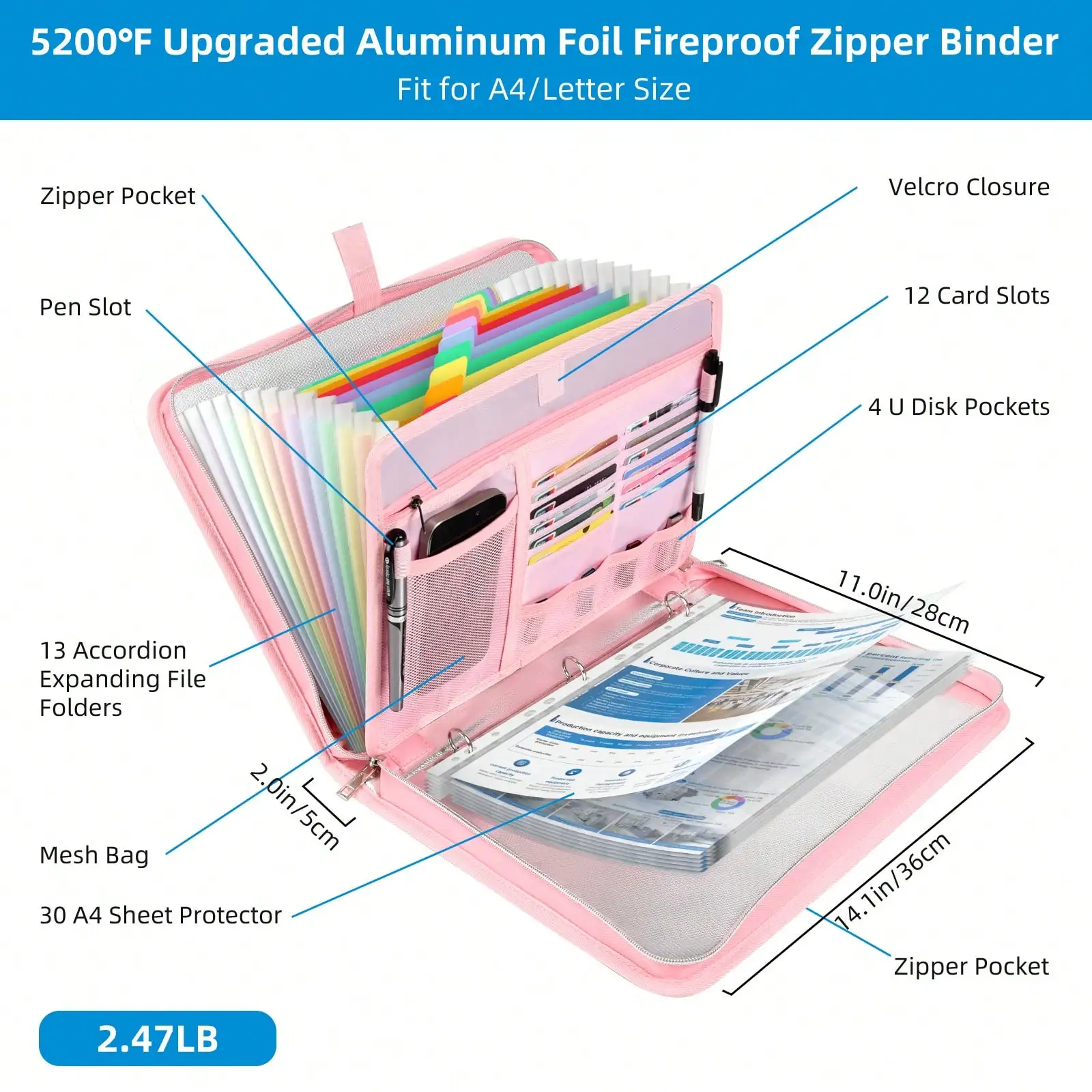 

Document Organizer With 13 Accordion Expanding File Folder, Aluminum Foil Zipper Binder With 30 A4/Letter Sheet Protector, Binder For School Office Home Storage