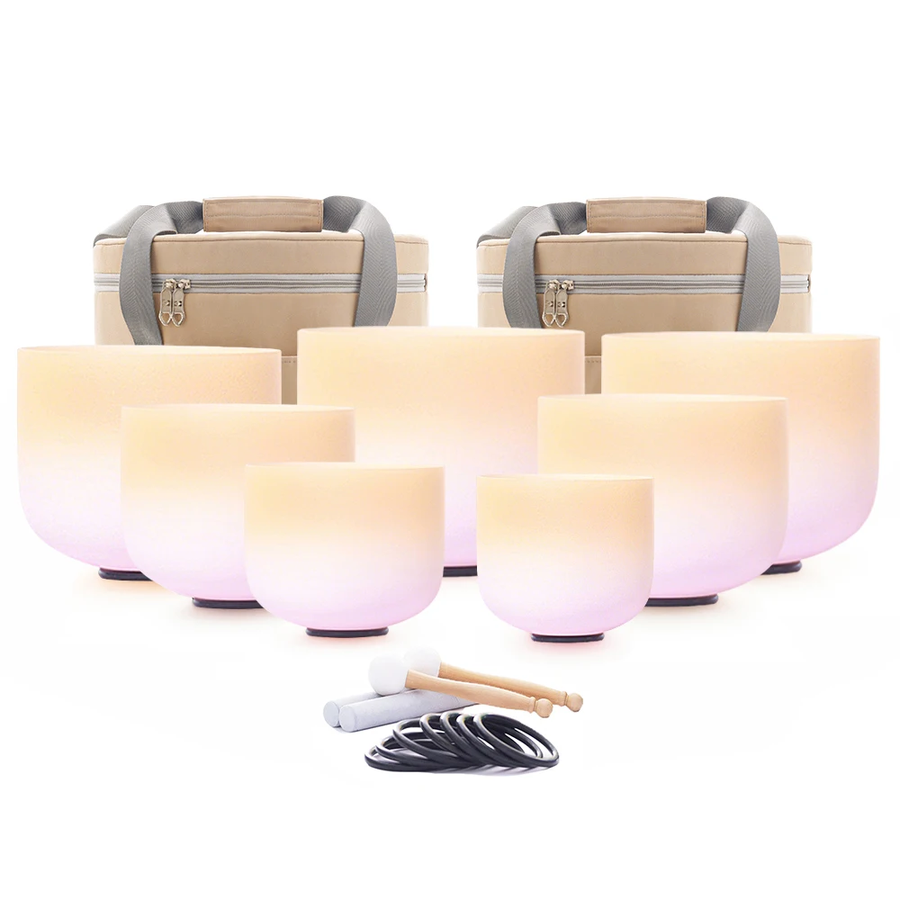 Hye-eun 6-12/7-12inch Orange&pink Quartz Crystal Singing Bowl 7pcs Chakra Set CDEFGAB Note for Sound Healing with Carry Case