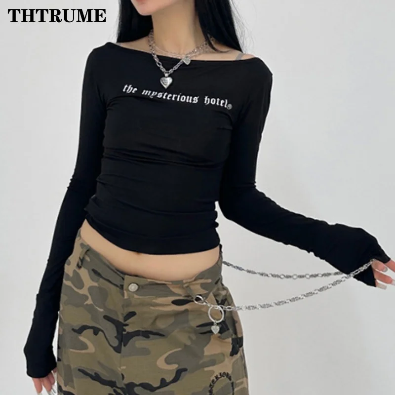 Sexy Women Vintage Chic T-Shirts Autumn Long Sleeve Fashion Letter Print Off Shoulder Crop Tops Casual Streetwear Y2K Slim Tees