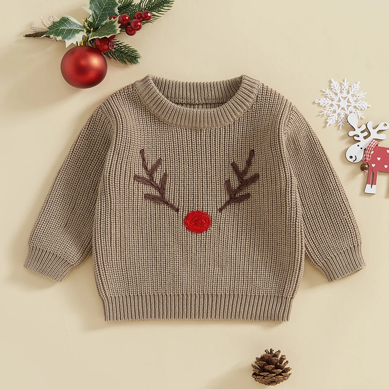 Girls Boys Christmas Knit Sweater Long Sleeve O Neck Elk/Snowman/Santa Hat Embroidery Pullover Knitwear