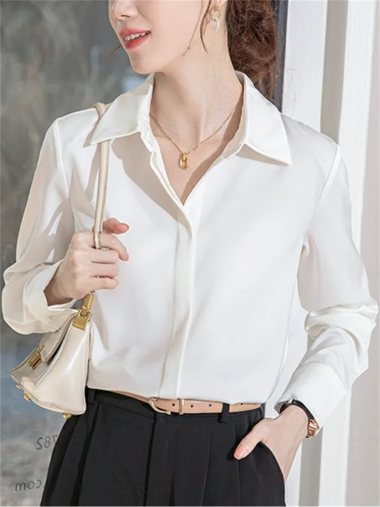 Satin Blouses Gray Blue Shirt For Women Professional Formal Blous Laple Cardigan Top Woman Shirts Button Up OL Feminine Blouse