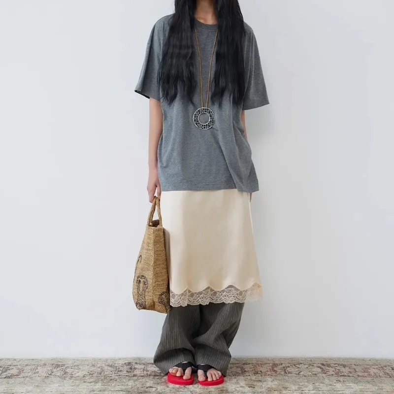 

100 Silk 16 Mmi Water-washed Crepe Satin Lace Spliced ​​silk Skirt